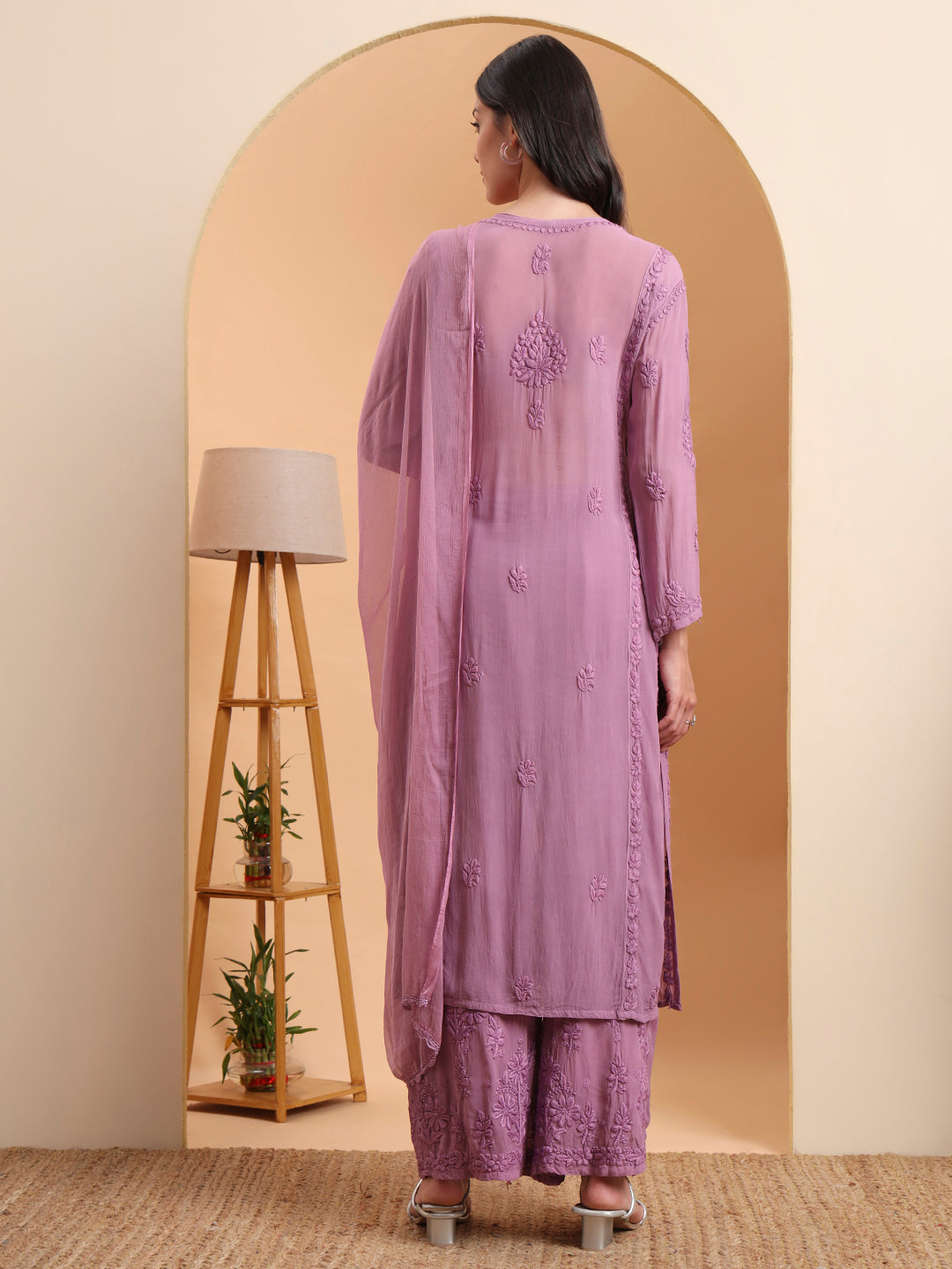 Elenora Women’s Lavender Viscose Chikankari Kurta Set with Palazzo & Dupatta – Elegant Ethnic Co-Ord Set