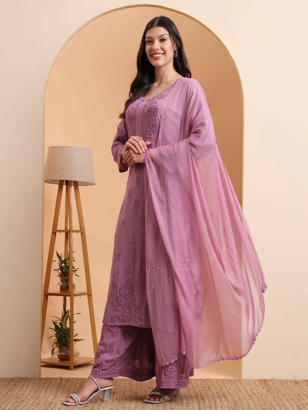 Elenora Women’s Lavender Viscose Chikankari Kurta Set with Palazzo & Dupatta – Elegant Ethnic Co-Ord Set