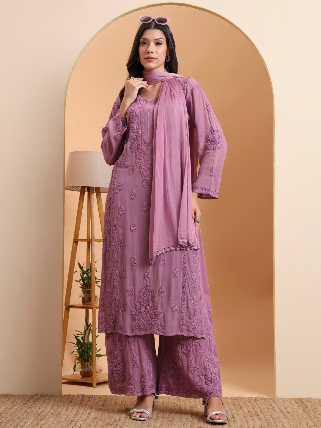 Elenora Women’s Lavender Viscose Chikankari Kurta Set with Palazzo & Dupatta – Elegant Ethnic Co-Ord Set