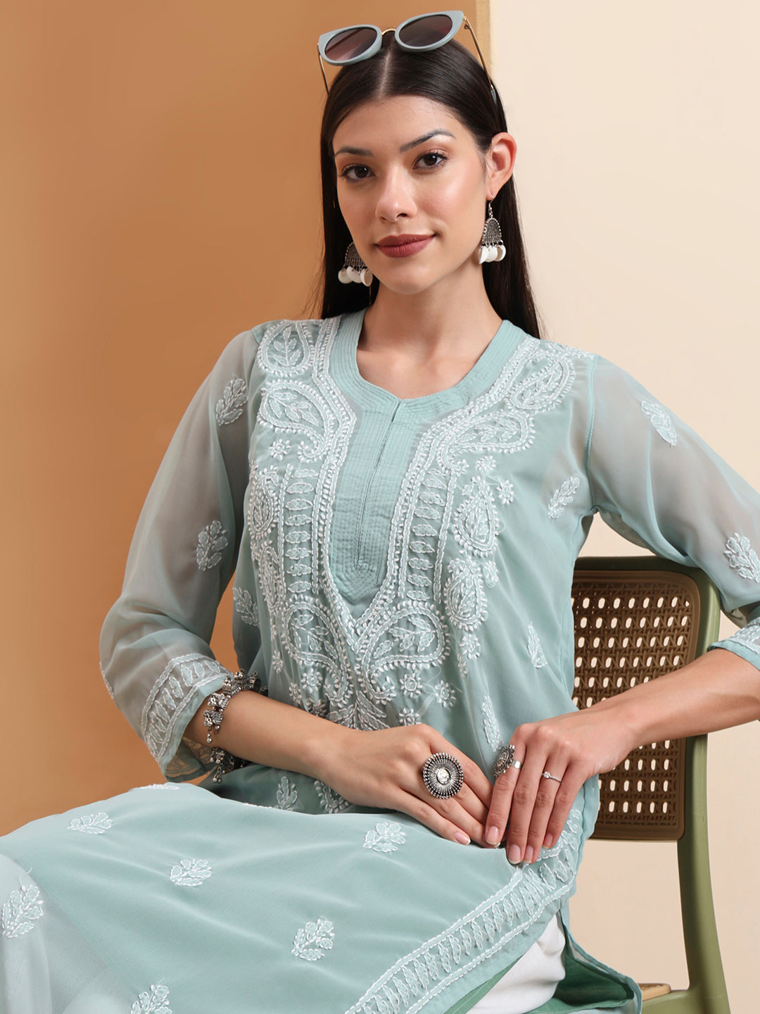 Ethnic Motifs Hand Embroidered Georgette Lucknowi Chikankari Kurta