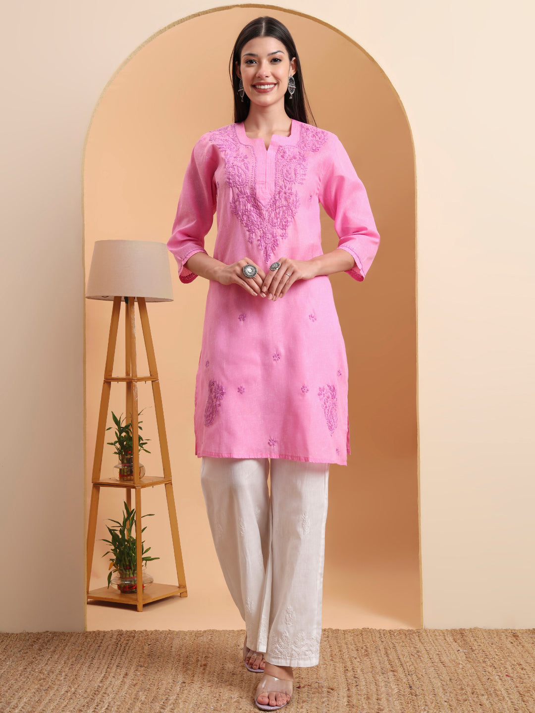 Ethnic Motifs Hand Embroidered Khadi Cotton Lucknowi Chikankari Kurta