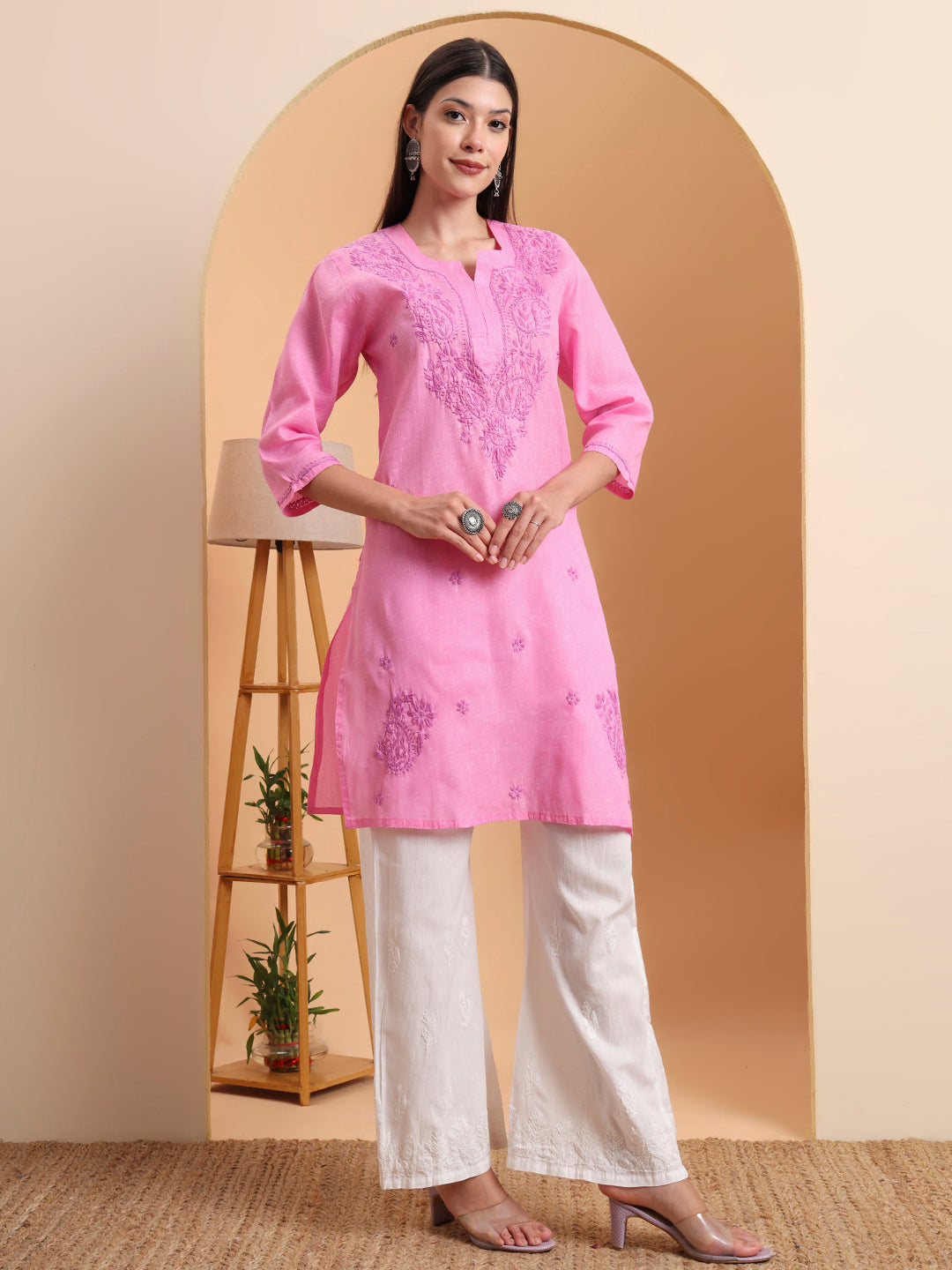 Ethnic Motifs Hand Embroidered Khadi Cotton Lucknowi Chikankari Kurta