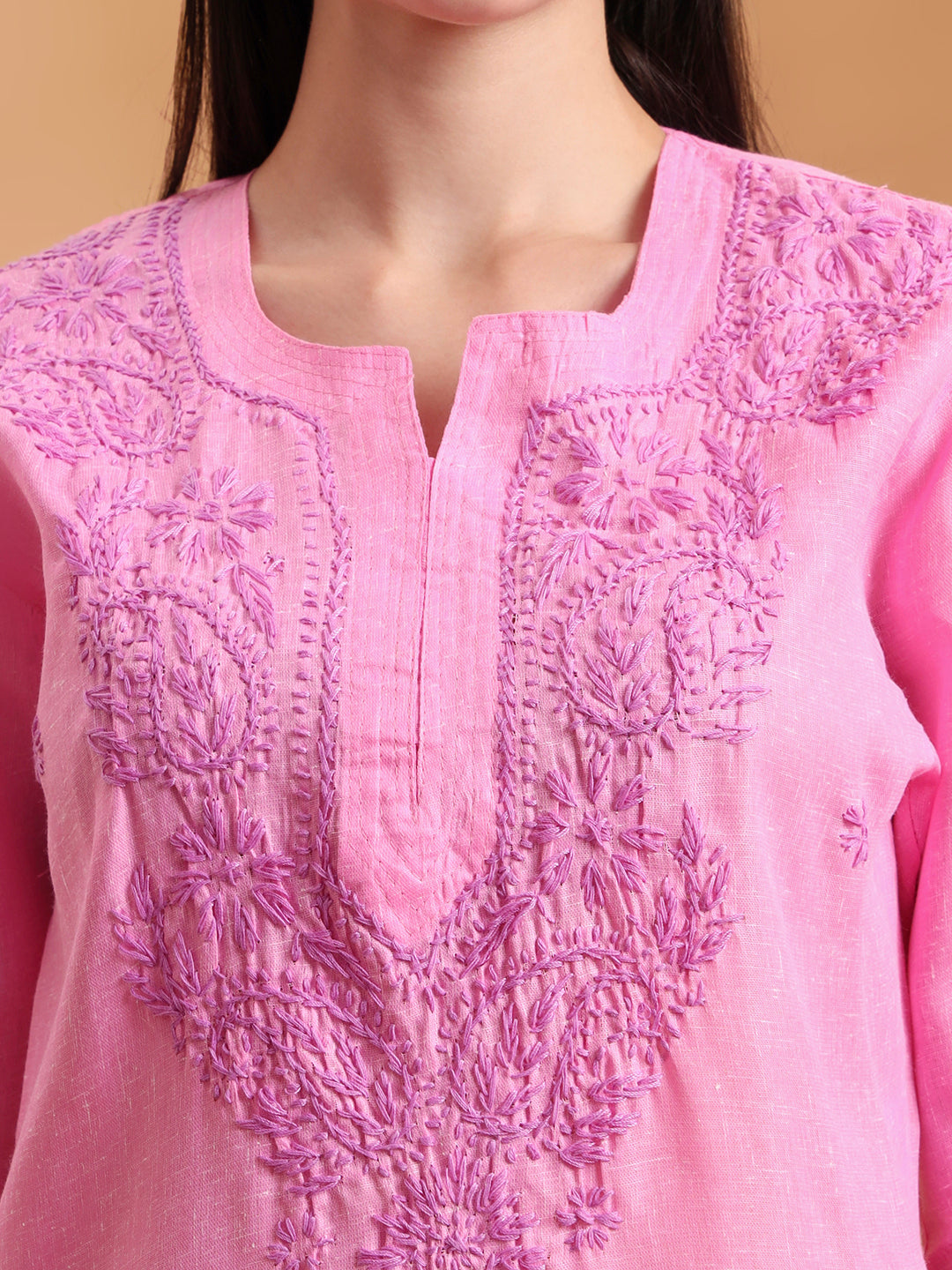 Ethnic Motifs Hand Embroidered Khadi Cotton Lucknowi Chikankari Kurta