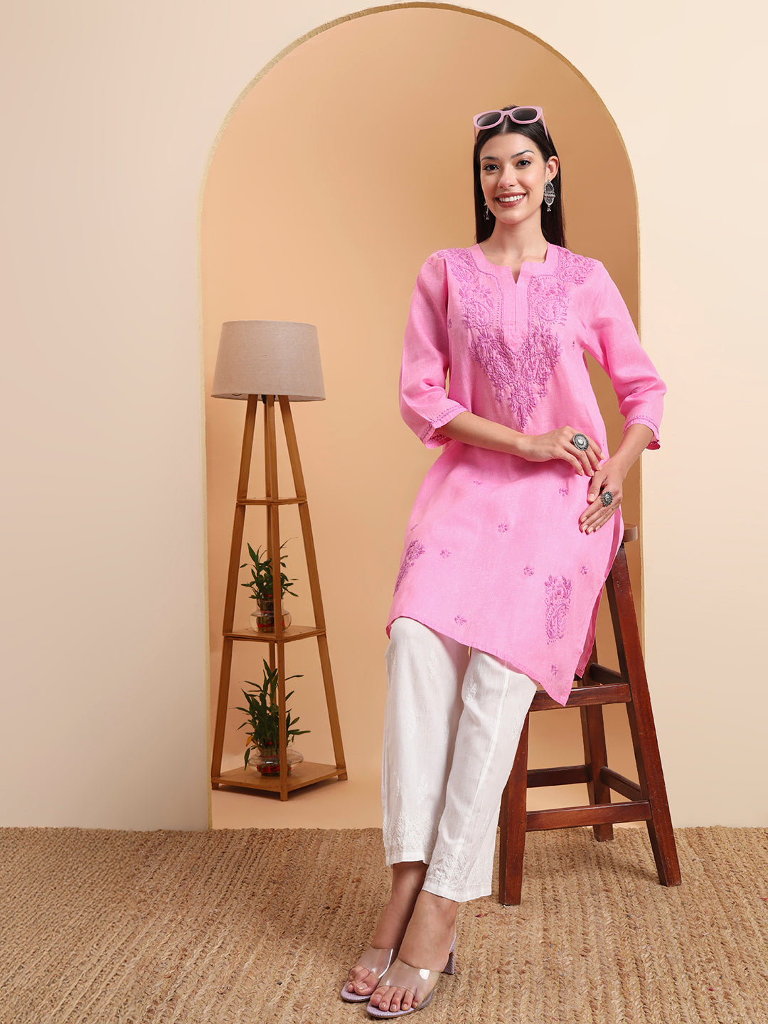 Ethnic Motifs Hand Embroidered Khadi Cotton Lucknowi Chikankari Kurta