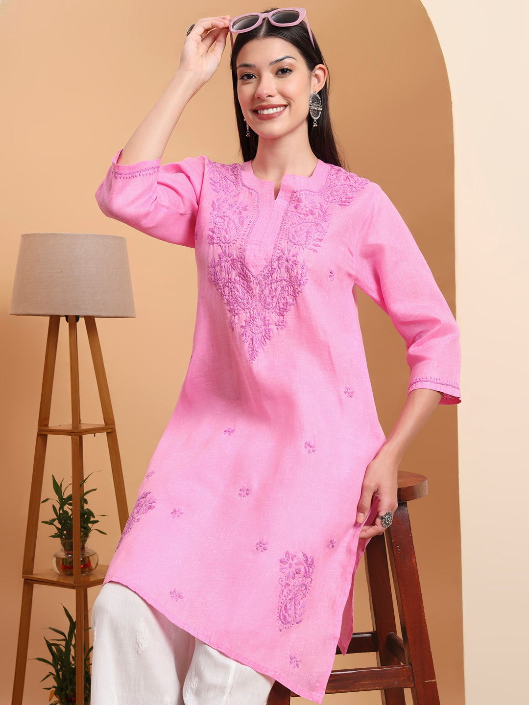Ethnic Motifs Hand Embroidered Khadi Cotton Lucknowi Chikankari Kurta
