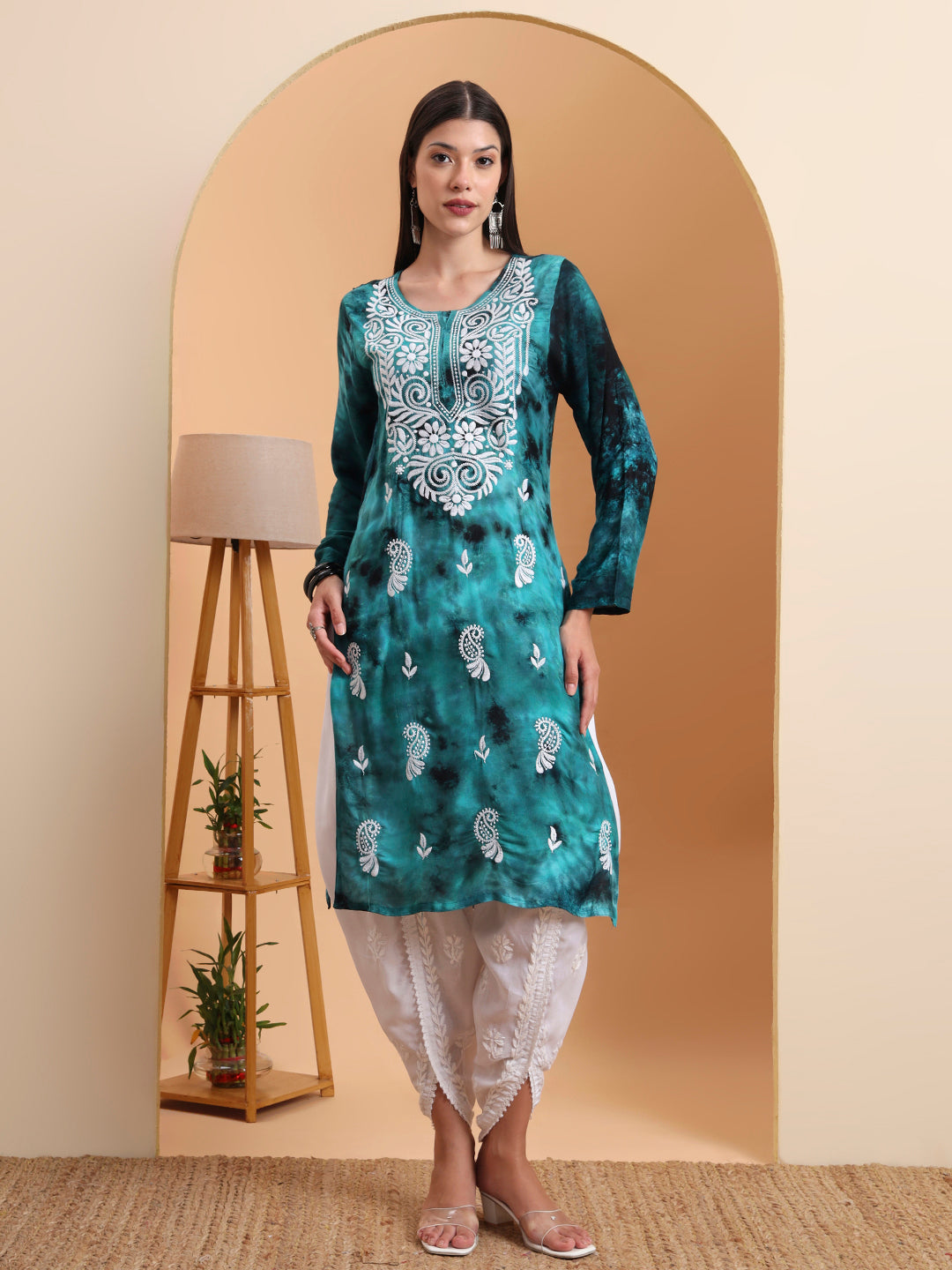 Ethnic Motifs Hand Embroidered Rayon Lucknowi Chikankari Kurta