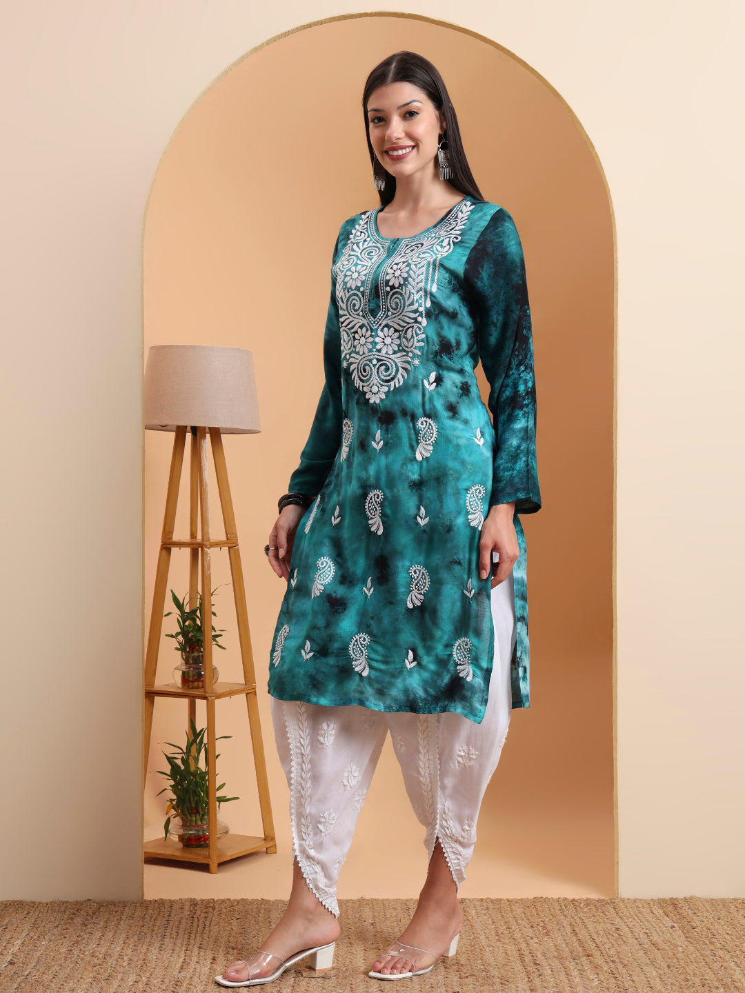Ethnic Motifs Hand Embroidered Rayon Lucknowi Chikankari Kurta