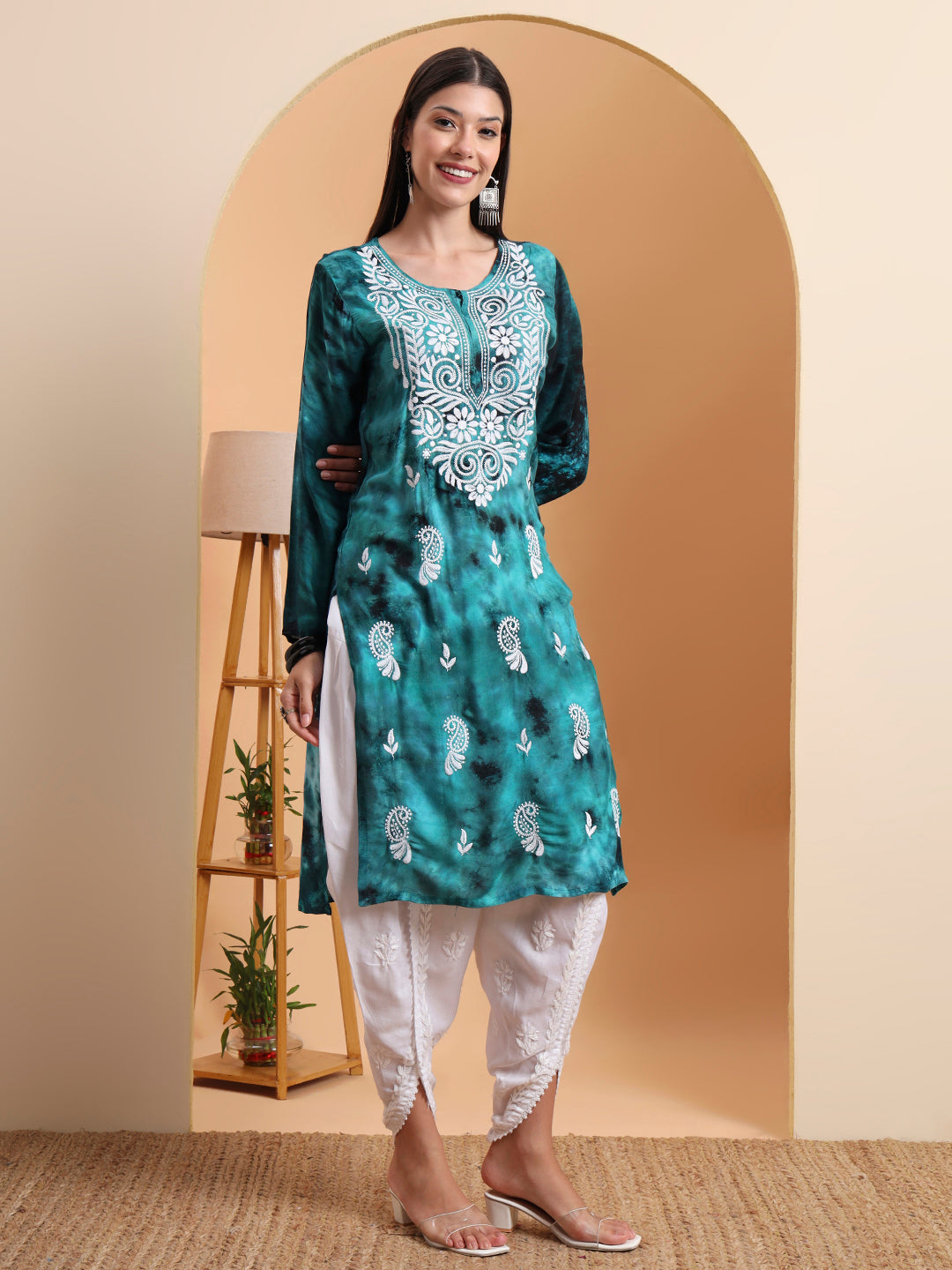 Ethnic Motifs Hand Embroidered Rayon Lucknowi Chikankari Kurta