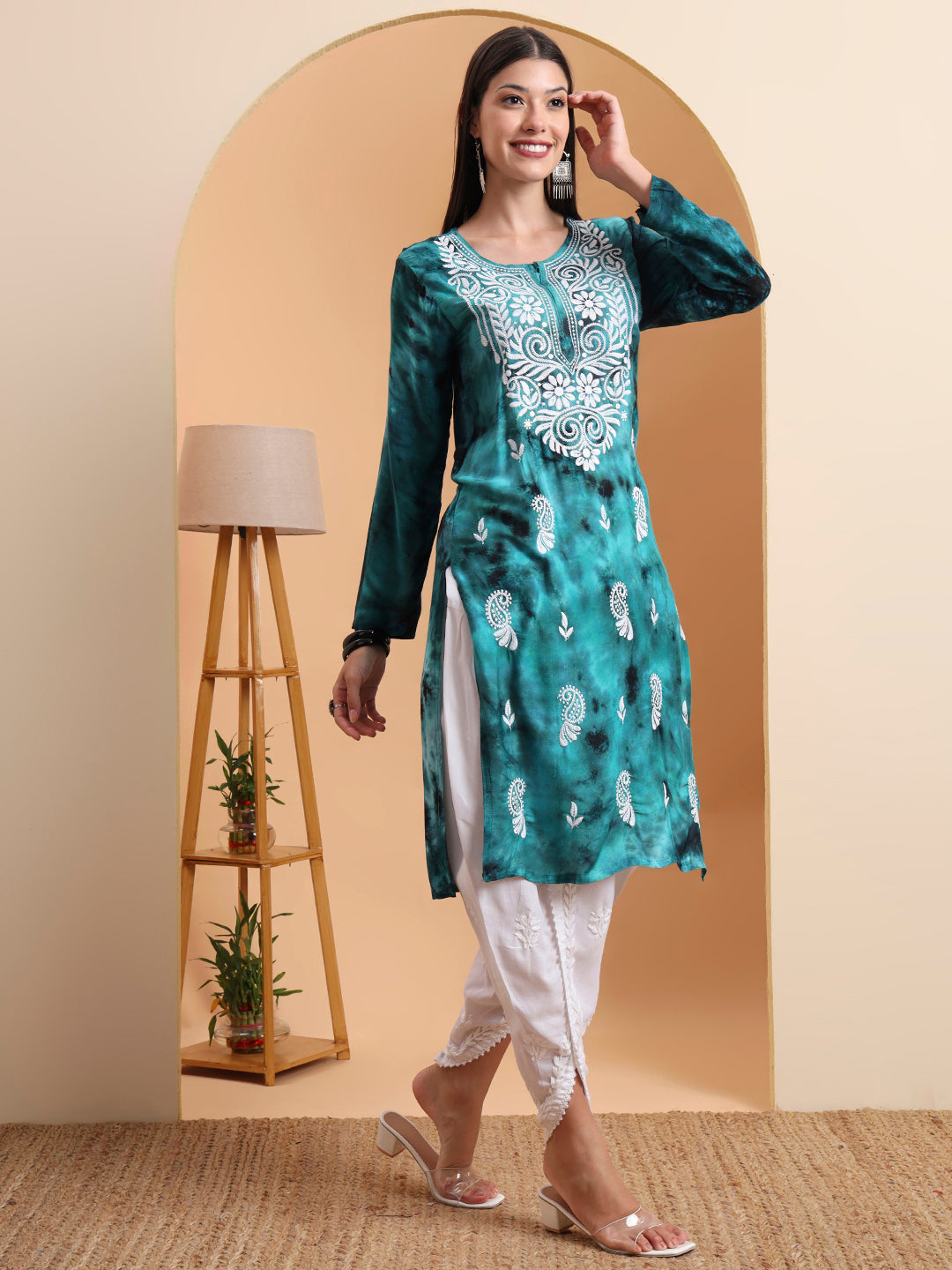 Ethnic Motifs Hand Embroidered Rayon Lucknowi Chikankari Kurta