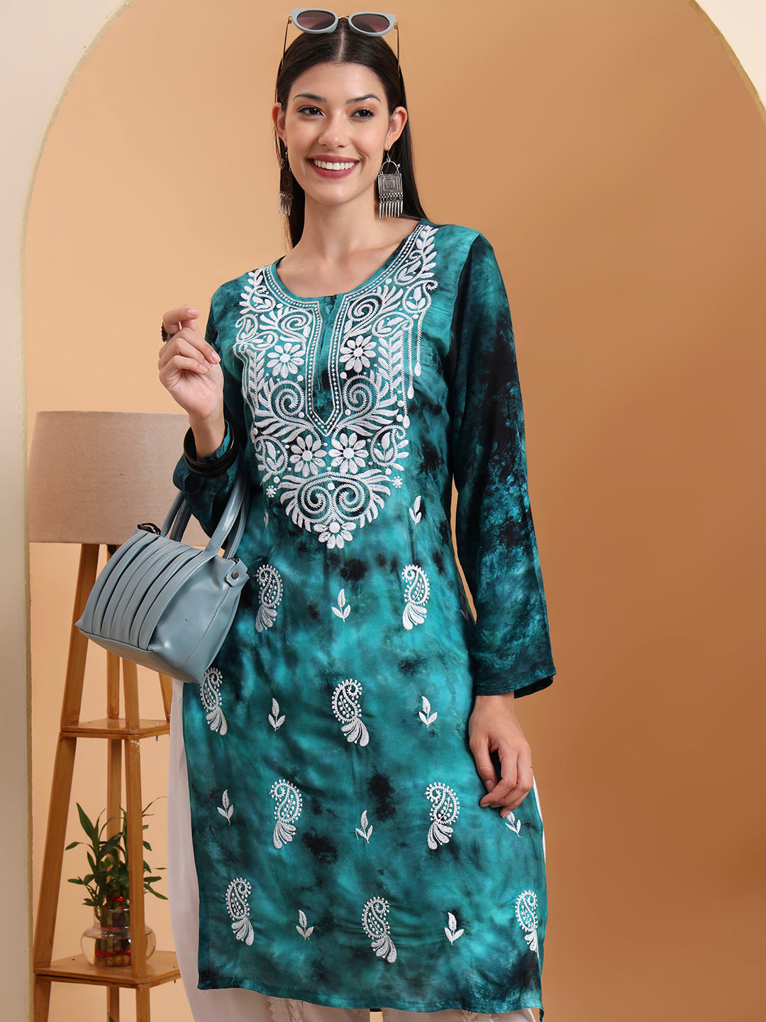 Ethnic Motifs Hand Embroidered Rayon Lucknowi Chikankari Kurta