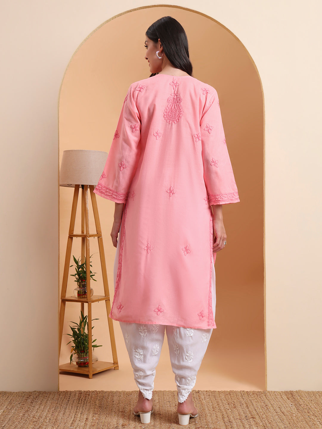 Ethnic Motifs Voil Cotton Straight Hand Embroidered Lucknowi Chikankari Kurta- Soft Pink