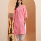 Ethnic Motifs Voil Cotton Straight Hand Embroidered Lucknowi Chikankari Kurta- Soft Pink