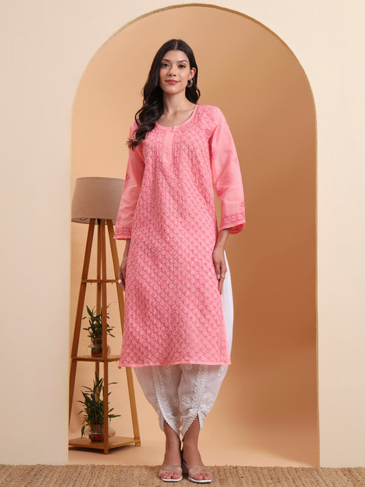 Ethnic Motifs Voil Cotton Straight Hand Embroidered Lucknowi Chikankari Kurta- Soft Pink