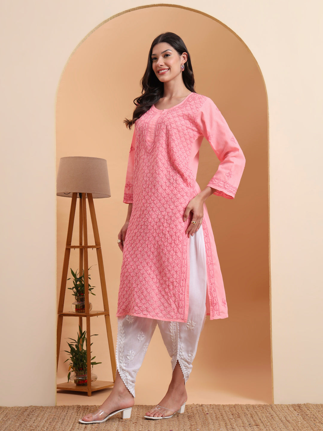 Ethnic Motifs Voil Cotton Straight Hand Embroidered Lucknowi Chikankari Kurta- Soft Pink