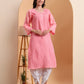 Ethnic Motifs Voil Cotton Straight Hand Embroidered Lucknowi Chikankari Kurta- Soft Pink
