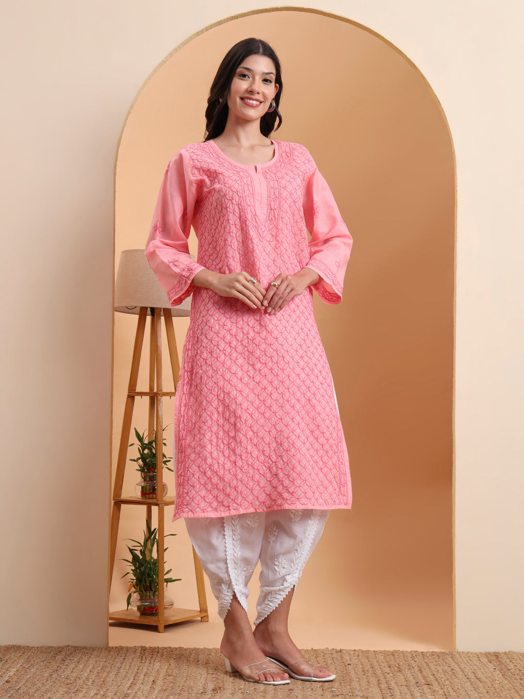 Ethnic Motifs Voil Cotton Straight Hand Embroidered Lucknowi Chikankari Kurta- Soft Pink
