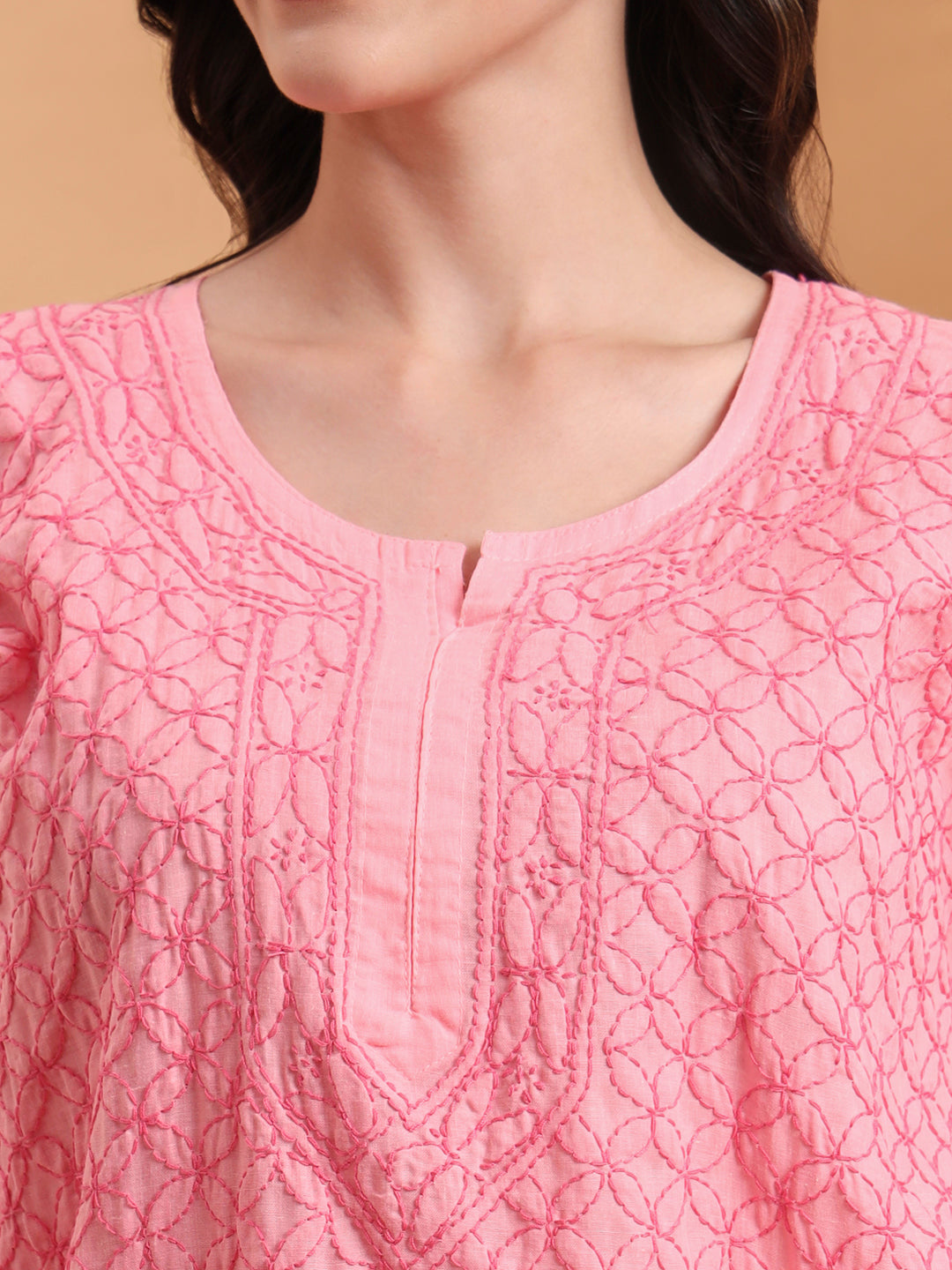 Ethnic Motifs Voil Cotton Straight Hand Embroidered Lucknowi Chikankari Kurta- Soft Pink
