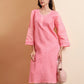 Ethnic Motifs Voil Cotton Straight Hand Embroidered Lucknowi Chikankari Kurta- Soft Pink