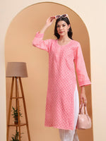 Ethnic Motifs Voil Cotton Straight Hand Embroidered Lucknowi Chikankari Kurta- Soft Pink