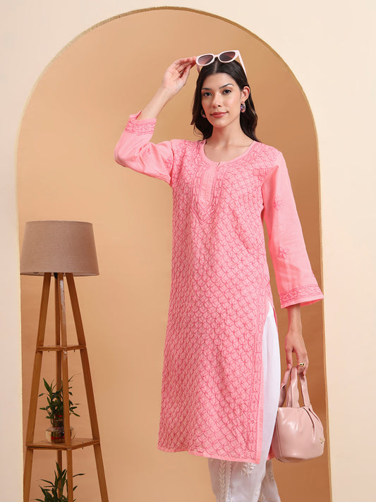 Ethnic Motifs Voil Cotton Straight Hand Embroidered Lucknowi Chikankari Kurta- Soft Pink