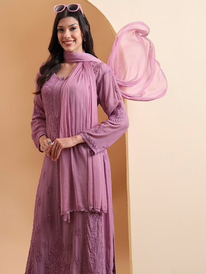 Elenora Women’s Lavender Viscose Chikankari Kurta Set with Palazzo & Dupatta – Elegant Ethnic Co-Ord Set