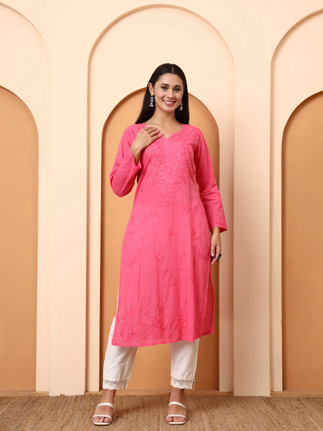 Women’s Pink Cotton Embroidered Kurti | Handcrafted Chikankari-Style Straight Kurta | Daily Wear & Office Wear Ethnic Outfit