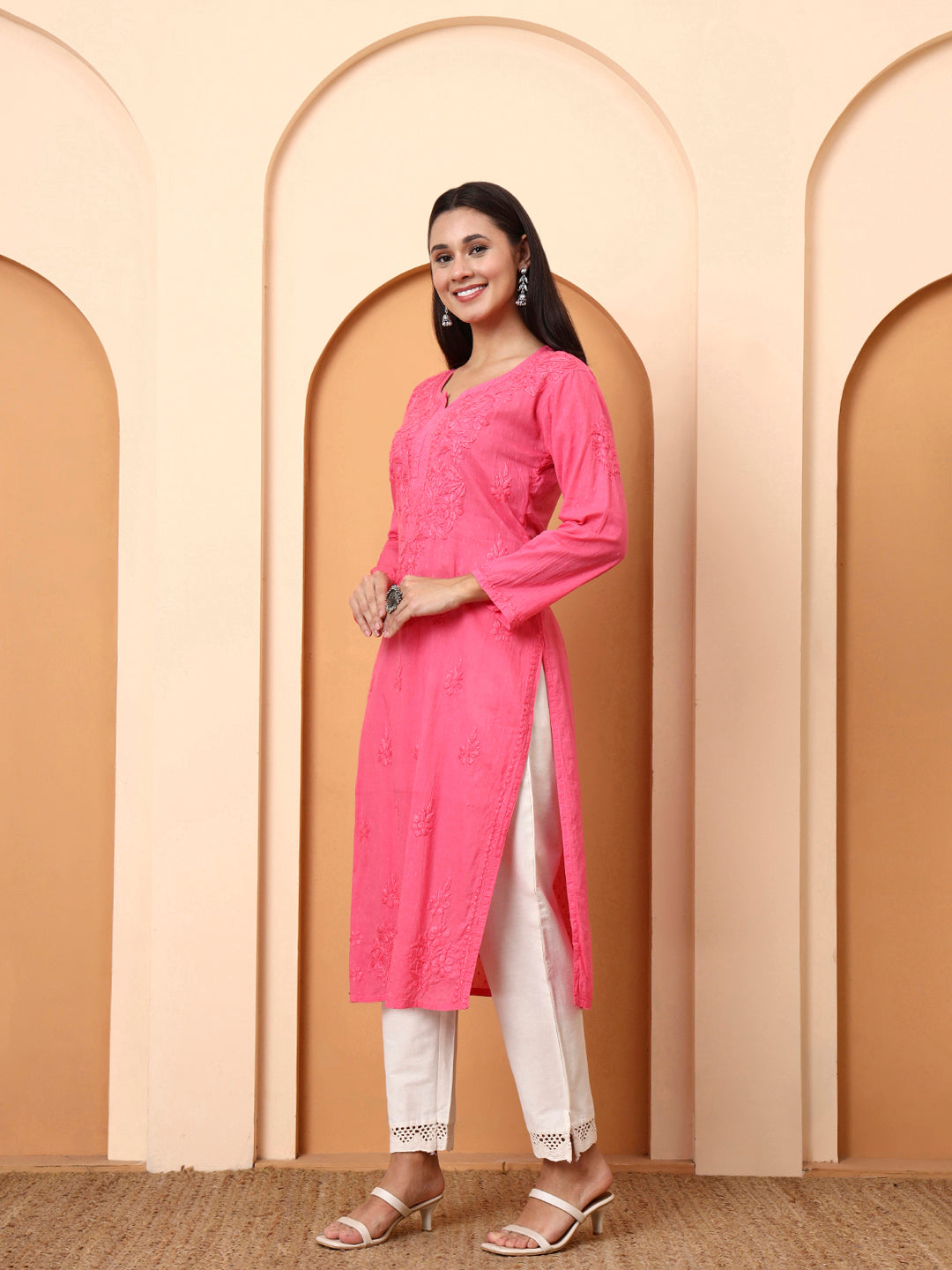 Women’s Pink Cotton Embroidered Kurti | Handcrafted Chikankari-Style Straight Kurta | Daily Wear & Office Wear Ethnic Outfit