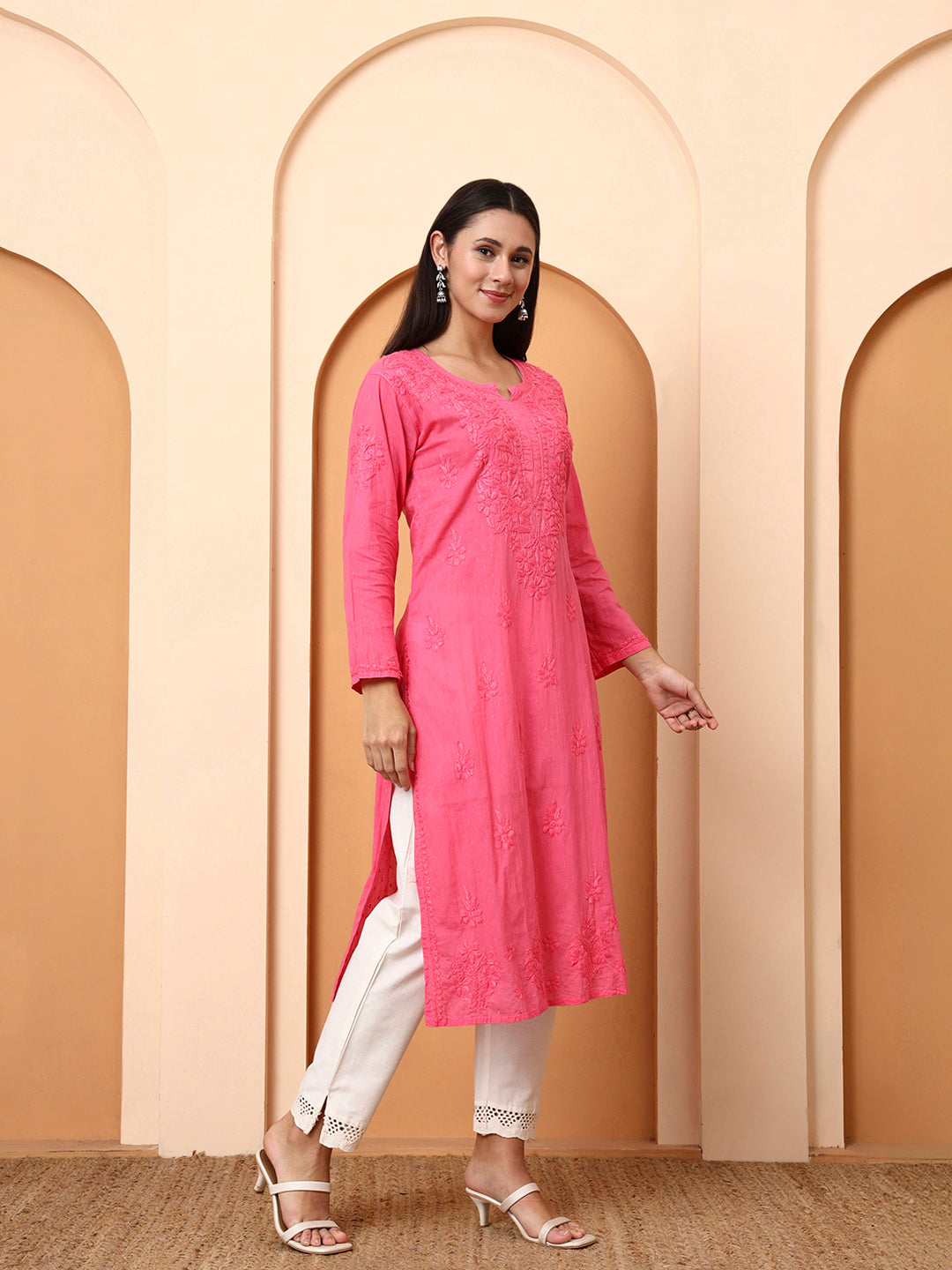 Women’s Pink Cotton Embroidered Kurti | Handcrafted Chikankari-Style Straight Kurta | Daily Wear & Office Wear Ethnic Outfit