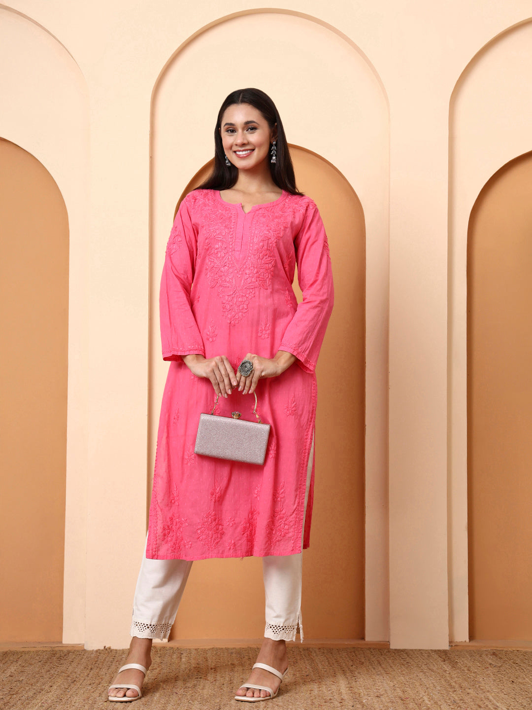 Women’s Pink Cotton Embroidered Kurti | Handcrafted Chikankari-Style Straight Kurta | Daily Wear & Office Wear Ethnic Outfit