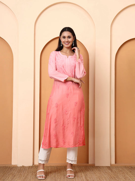 Women’s Peach Chanderi Embroidered Kurti | Festive Wear Straight Kurta | Lightweight Ethnic Wear for Parties & Special Occasions