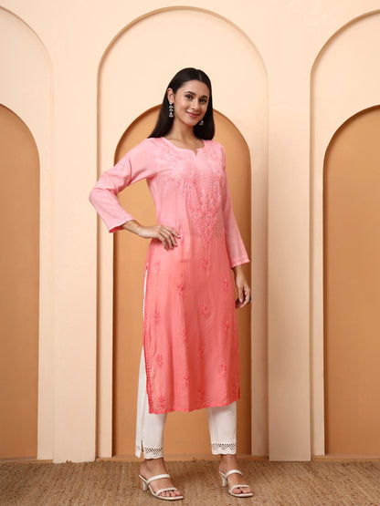 Women’s Peach Chanderi Embroidered Kurti | Festive Wear Straight Kurta | Lightweight Ethnic Wear for Parties & Special Occasions