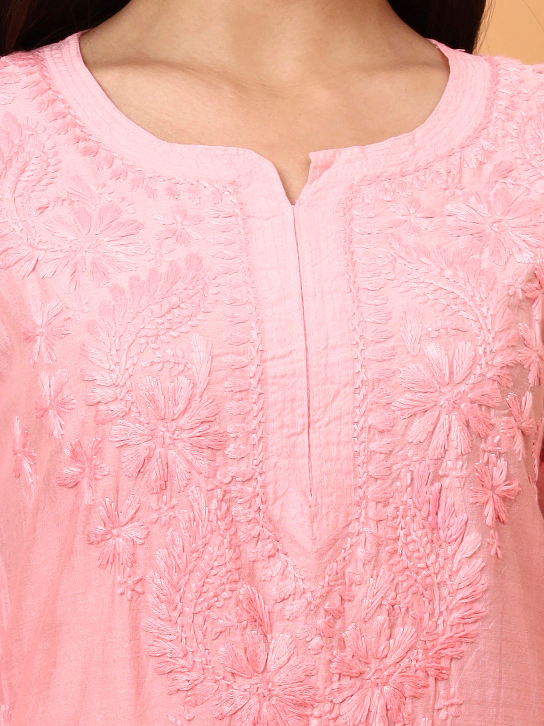 Women’s Peach Chanderi Embroidered Kurti | Festive Wear Straight Kurta | Lightweight Ethnic Wear for Parties & Special Occasions