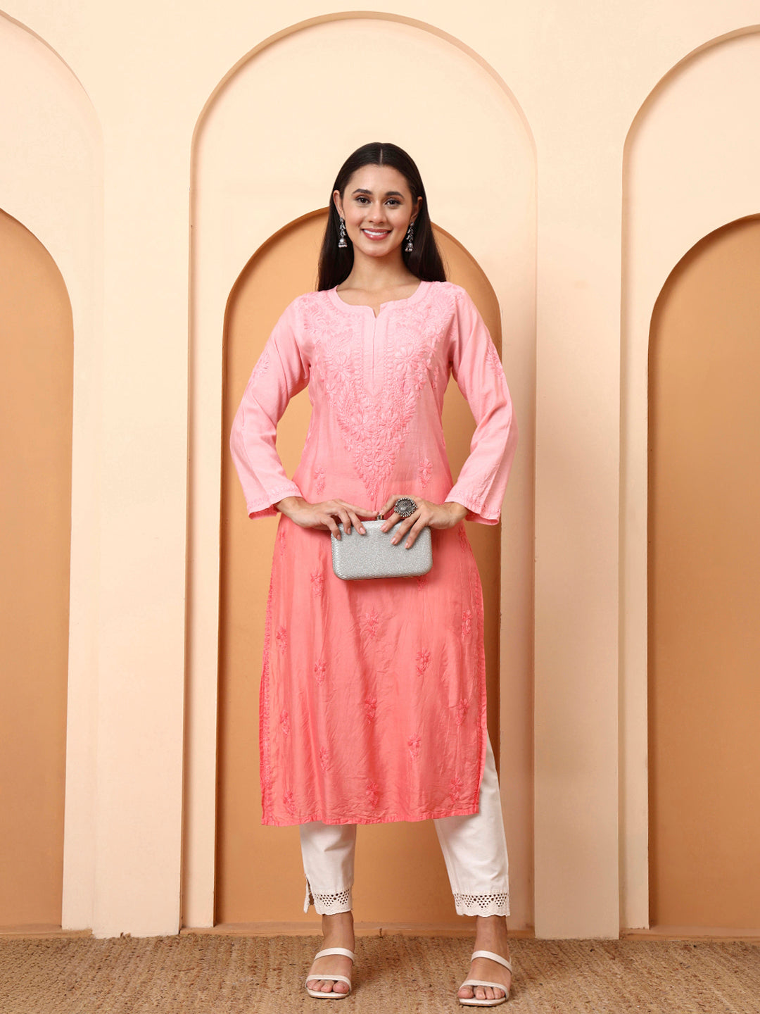 Women’s Peach Chanderi Embroidered Kurti | Festive Wear Straight Kurta | Lightweight Ethnic Wear for Parties & Special Occasions