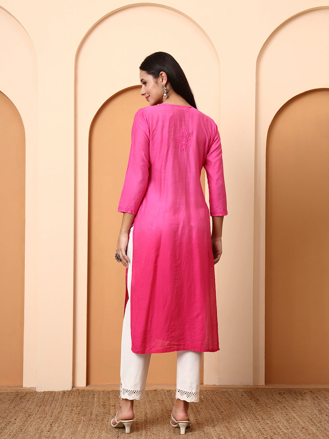 Pink Chanderi Chikankari Kurti for Women | Hand Embroidered Straight Kurta | Ethnic Wear by Elenora