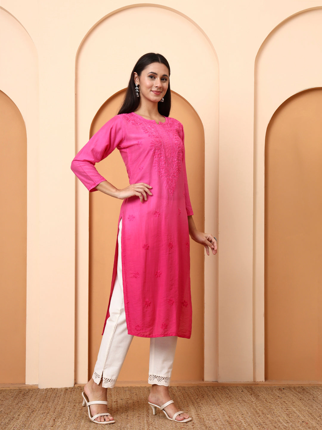 Pink Chanderi Chikankari Kurti for Women | Hand Embroidered Straight Kurta | Ethnic Wear by Elenora