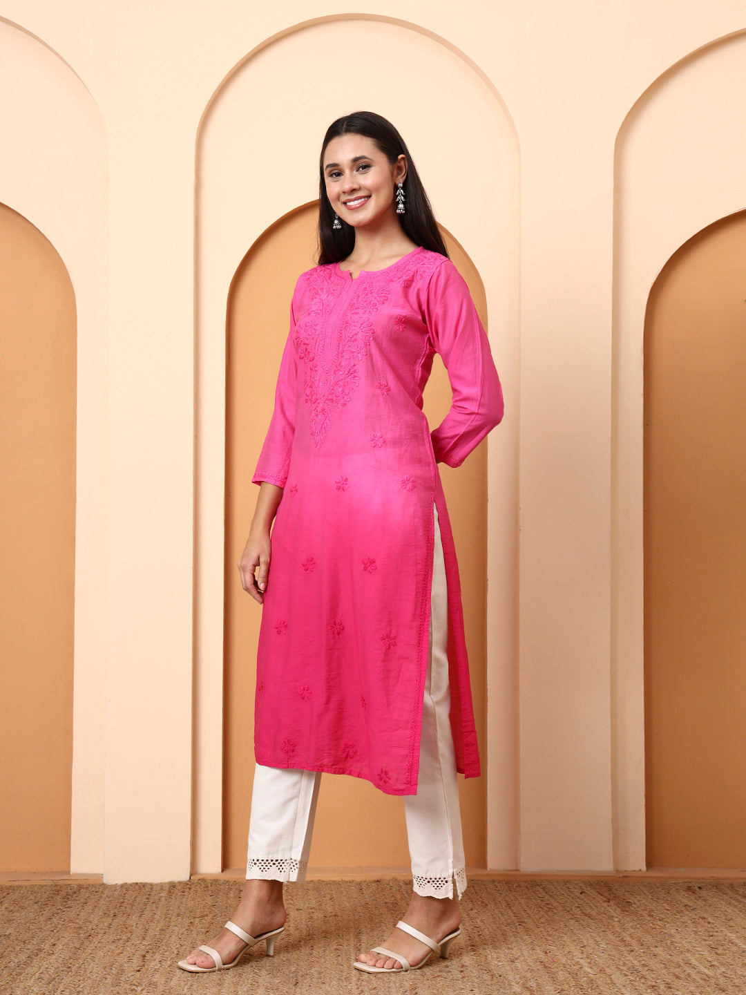 Pink Chanderi Chikankari Kurti for Women | Hand Embroidered Straight Kurta | Ethnic Wear by Elenora