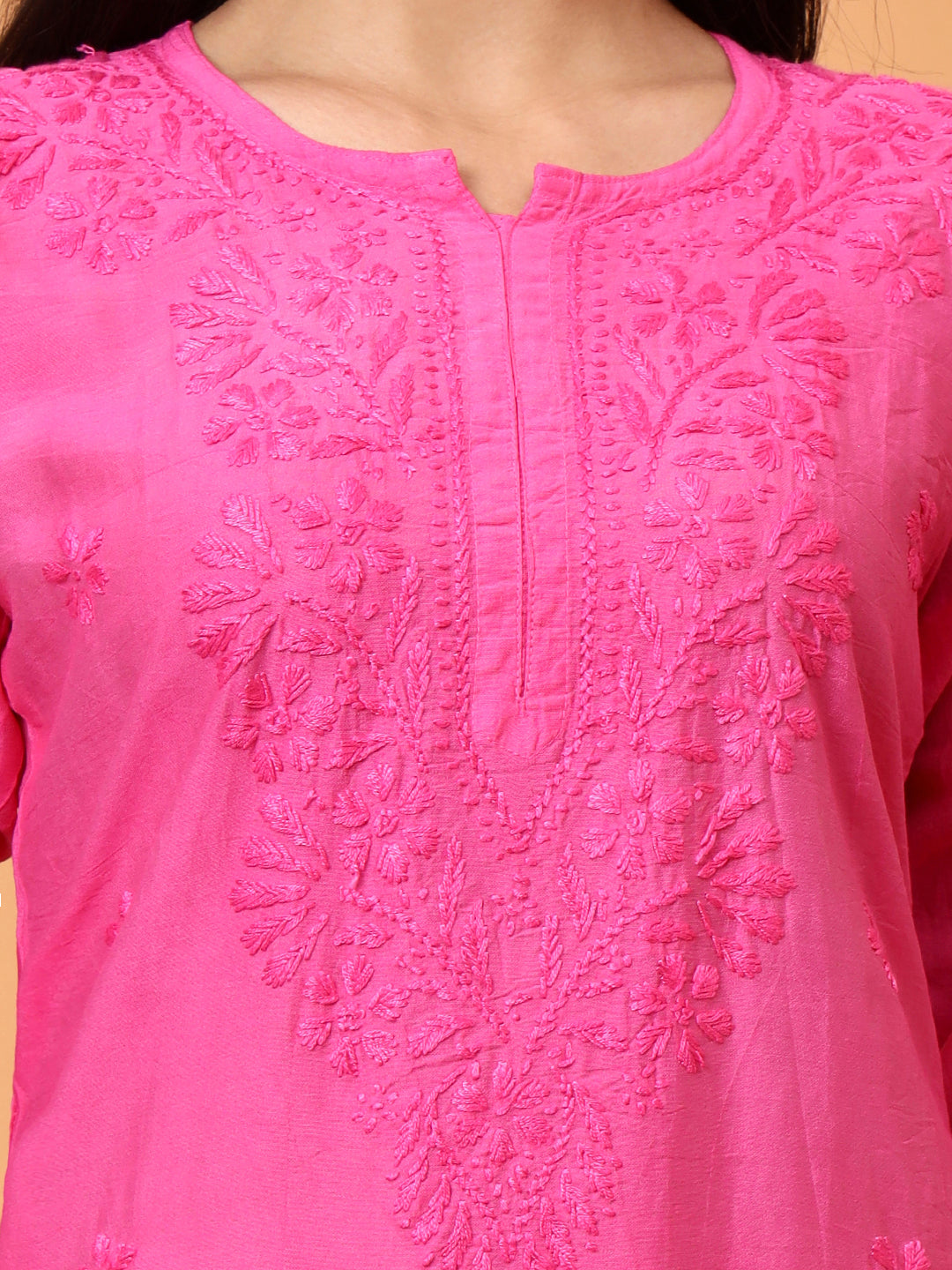 Pink Chanderi Chikankari Kurti for Women | Hand Embroidered Straight Kurta | Ethnic Wear by Elenora