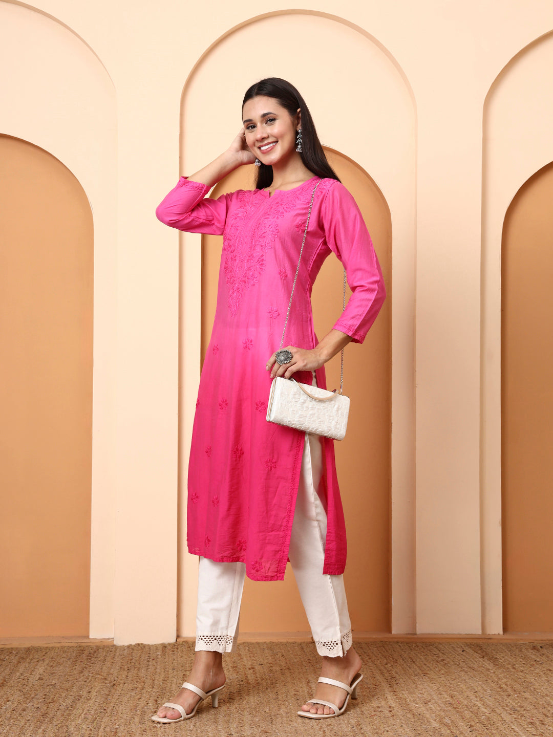 Pink Chanderi Chikankari Kurti for Women | Hand Embroidered Straight Kurta | Ethnic Wear by Elenora
