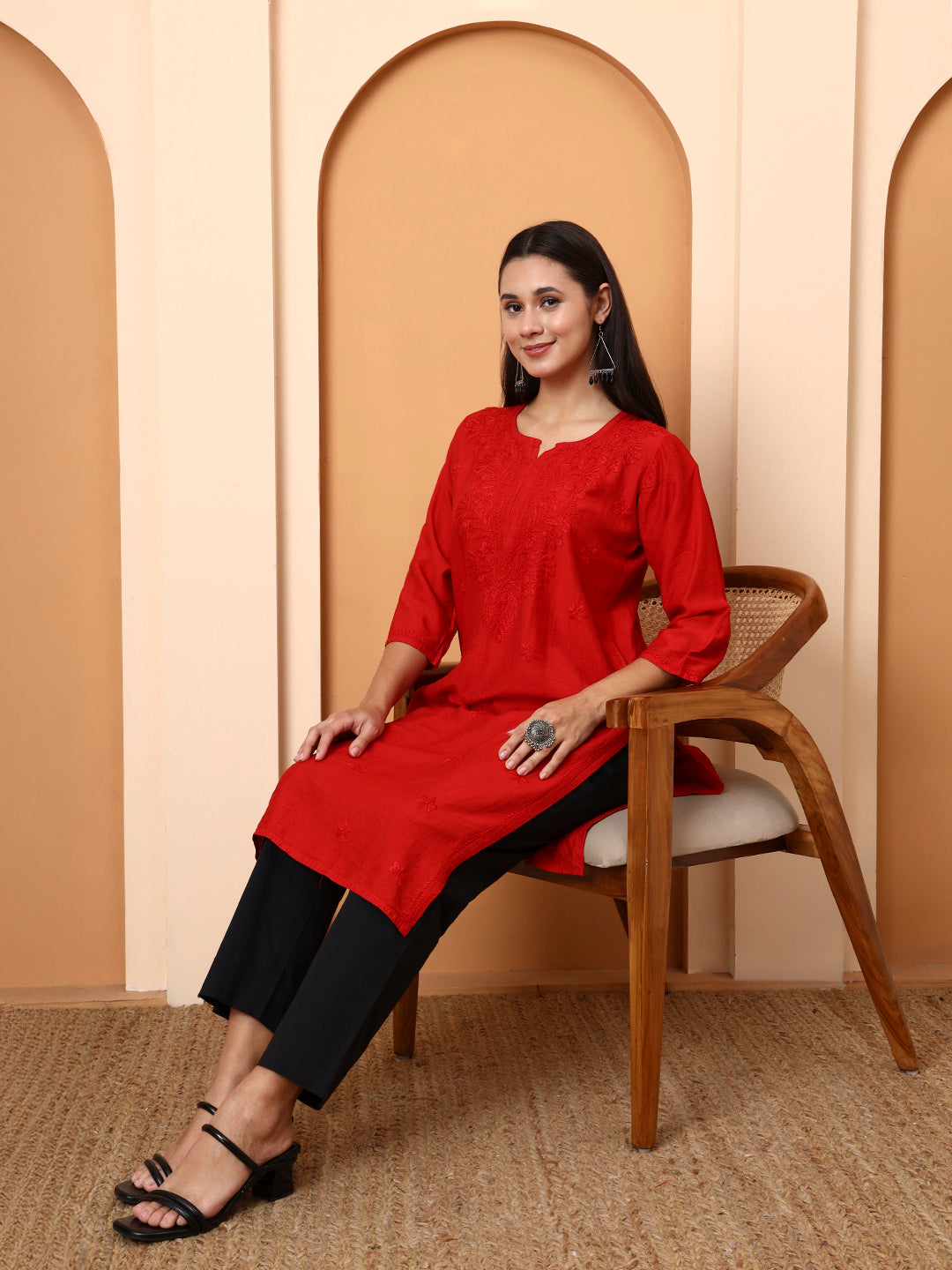 Red Chanderi Chikankari Kurti for Women | Hand Embroidered Straight Kurta | Elenora Ethnic Wear