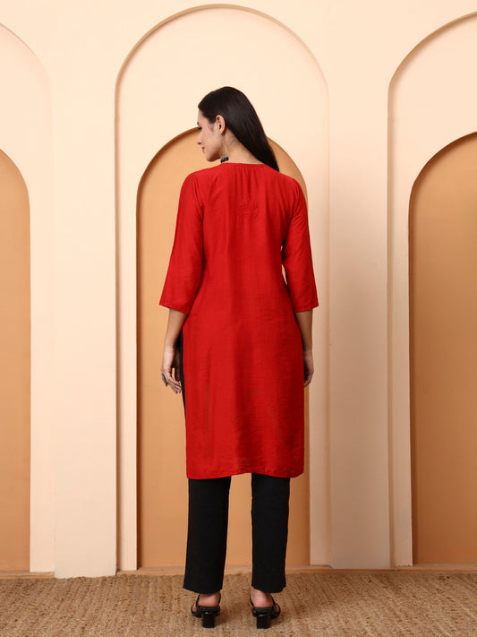 Red Chanderi Chikankari Kurti for Women | Hand Embroidered Straight Kurta | Elenora Ethnic Wear