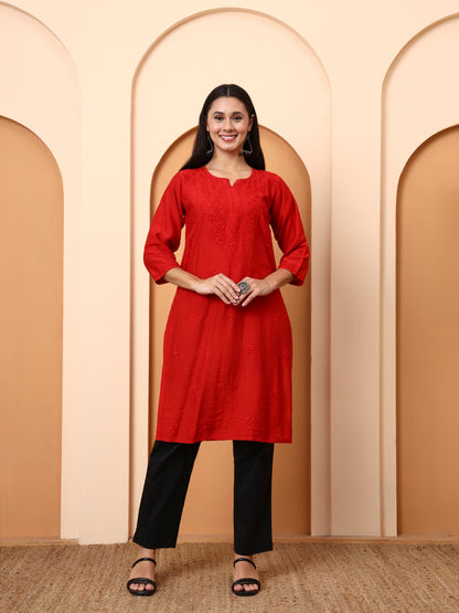 Red Chanderi Chikankari Kurti for Women | Hand Embroidered Straight Kurta | Elenora Ethnic Wear