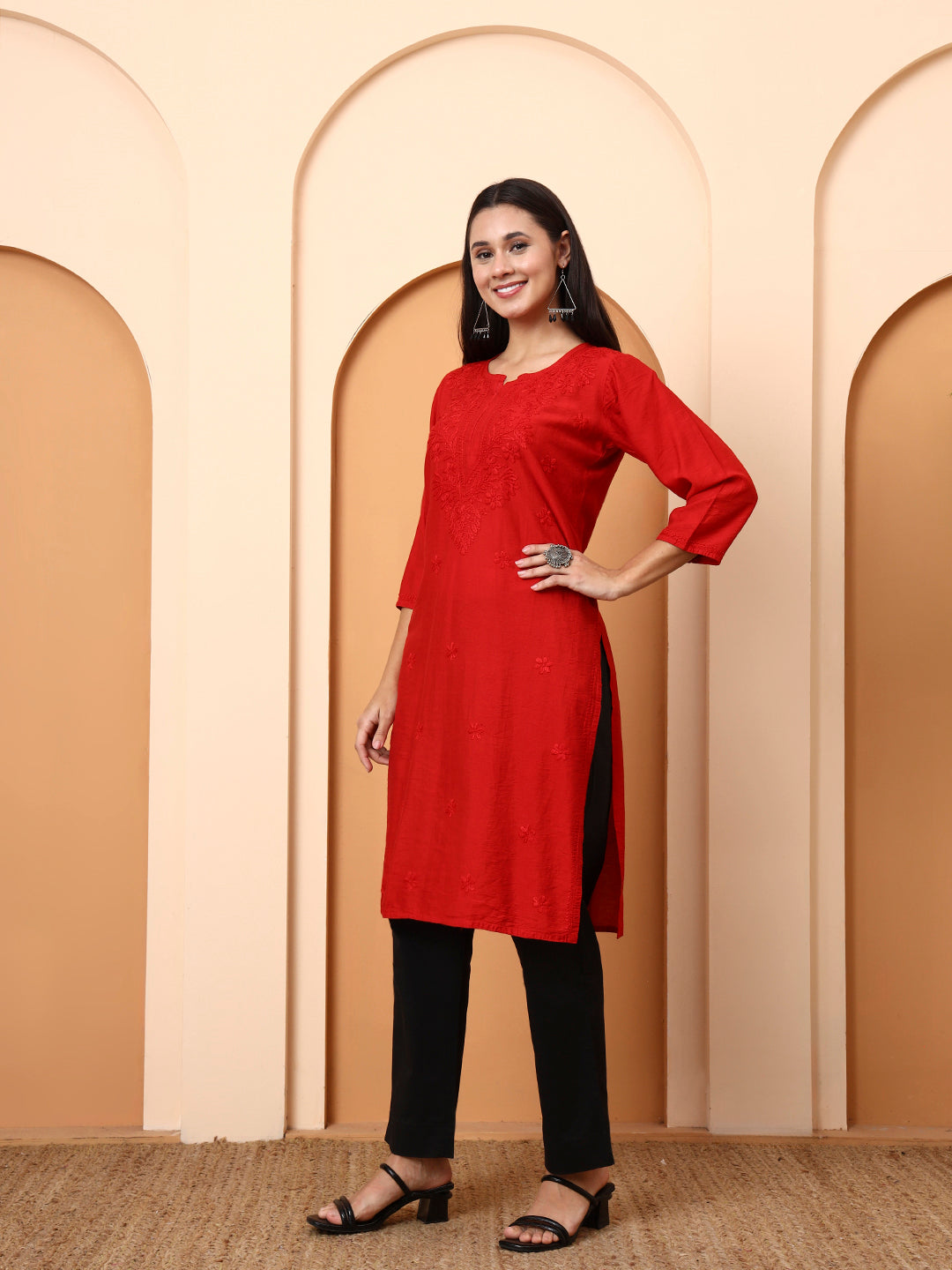 Red Chanderi Chikankari Kurti for Women | Hand Embroidered Straight Kurta | Elenora Ethnic Wear