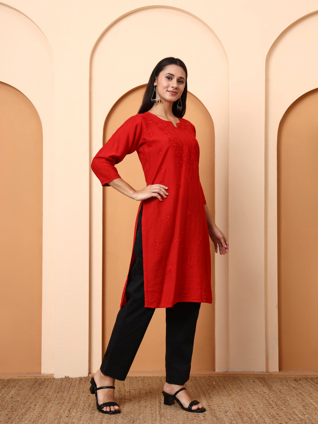 Red Chanderi Chikankari Kurti for Women | Hand Embroidered Straight Kurta | Elenora Ethnic Wear