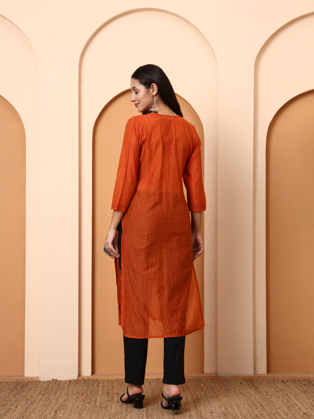 Rust Orange Chanderi Chikankari Kurti for Women | Hand Embroidered Straight Kurta | Elenora Ethnic Wear