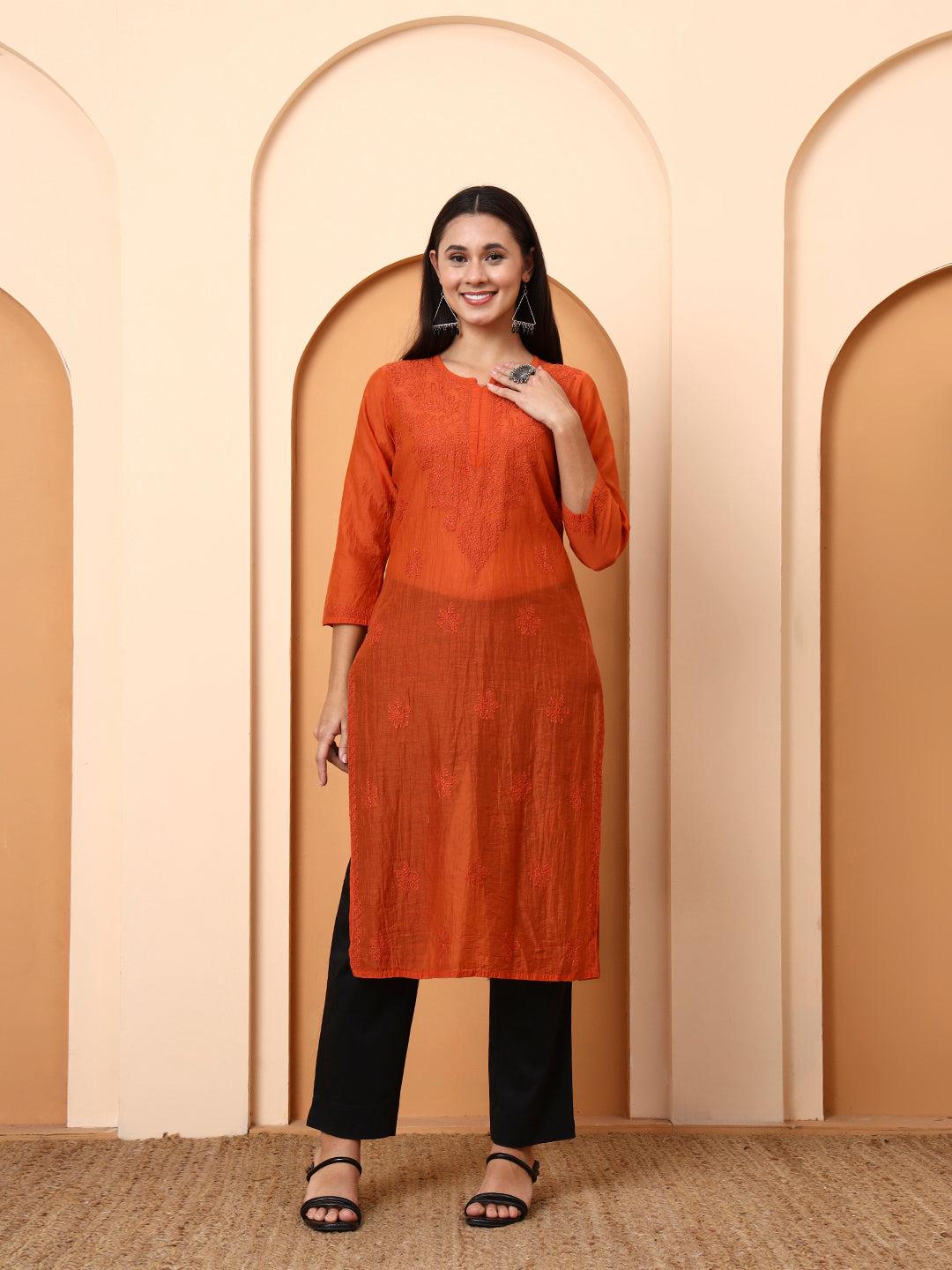 Rust Orange Chanderi Chikankari Kurti for Women | Hand Embroidered Straight Kurta | Elenora Ethnic Wear