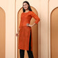 Rust Orange Chanderi Chikankari Kurti for Women | Hand Embroidered Straight Kurta | Elenora Ethnic Wear