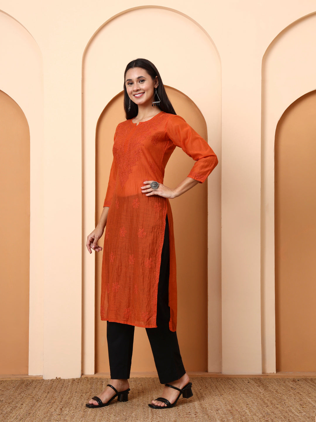Rust Orange Chanderi Chikankari Kurti for Women | Hand Embroidered Straight Kurta | Elenora Ethnic Wear