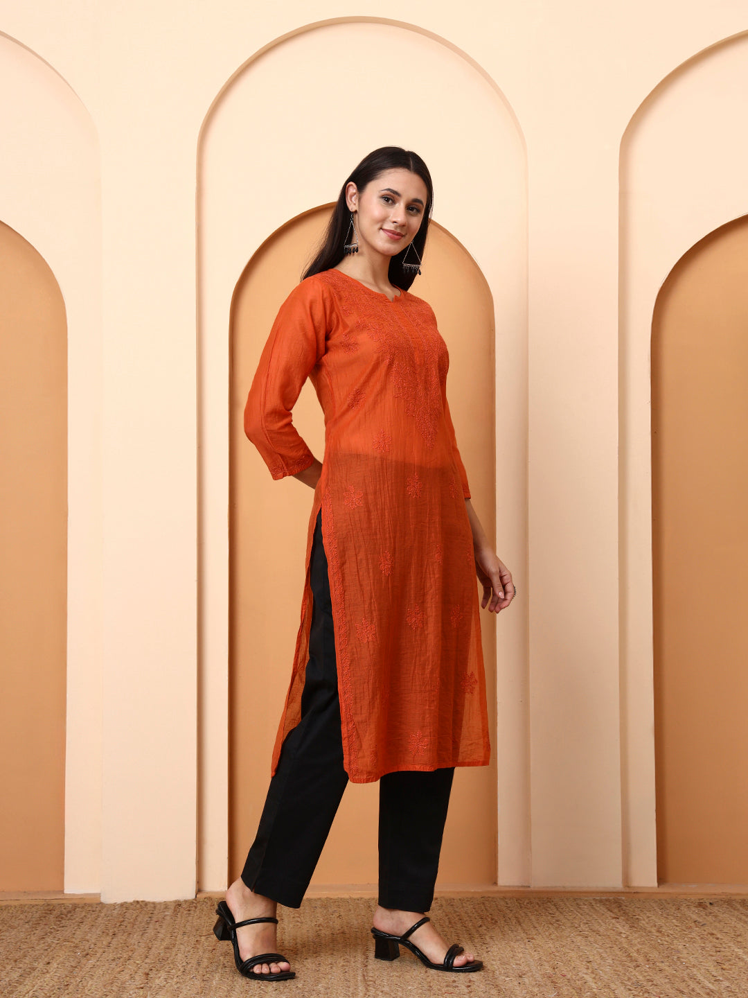 Rust Orange Chanderi Chikankari Kurti for Women | Hand Embroidered Straight Kurta | Elenora Ethnic Wear