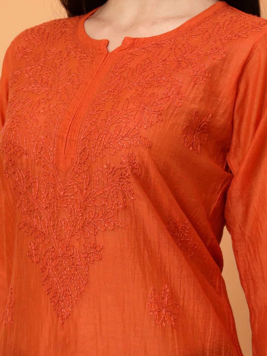 Rust Orange Chanderi Chikankari Kurti for Women | Hand Embroidered Straight Kurta | Elenora Ethnic Wear