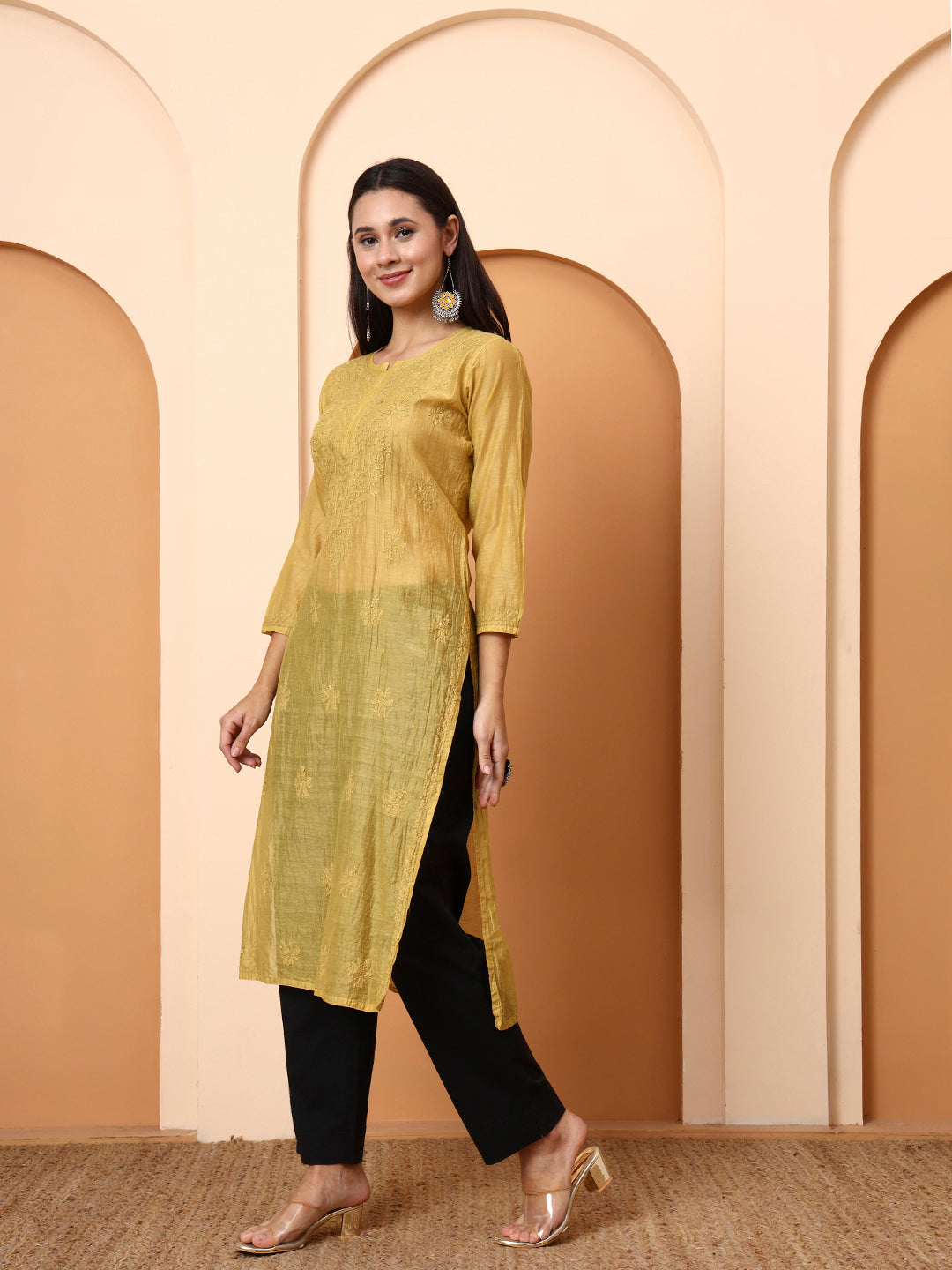 Mustard Yellow Chanderi Chikankari Kurti for Women | Hand Embroidered Straight Kurta | Elenora